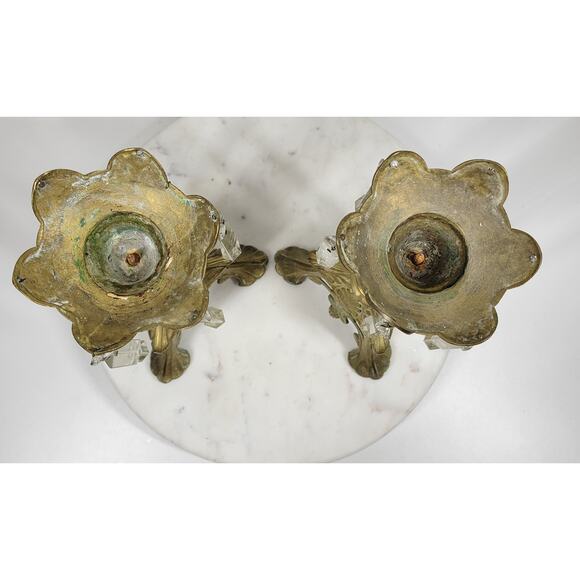 Antique Brass Candlesticks 11" Gold Candle Holder Crystal Prisms Ornate Art Deco - Picture 5 of 16